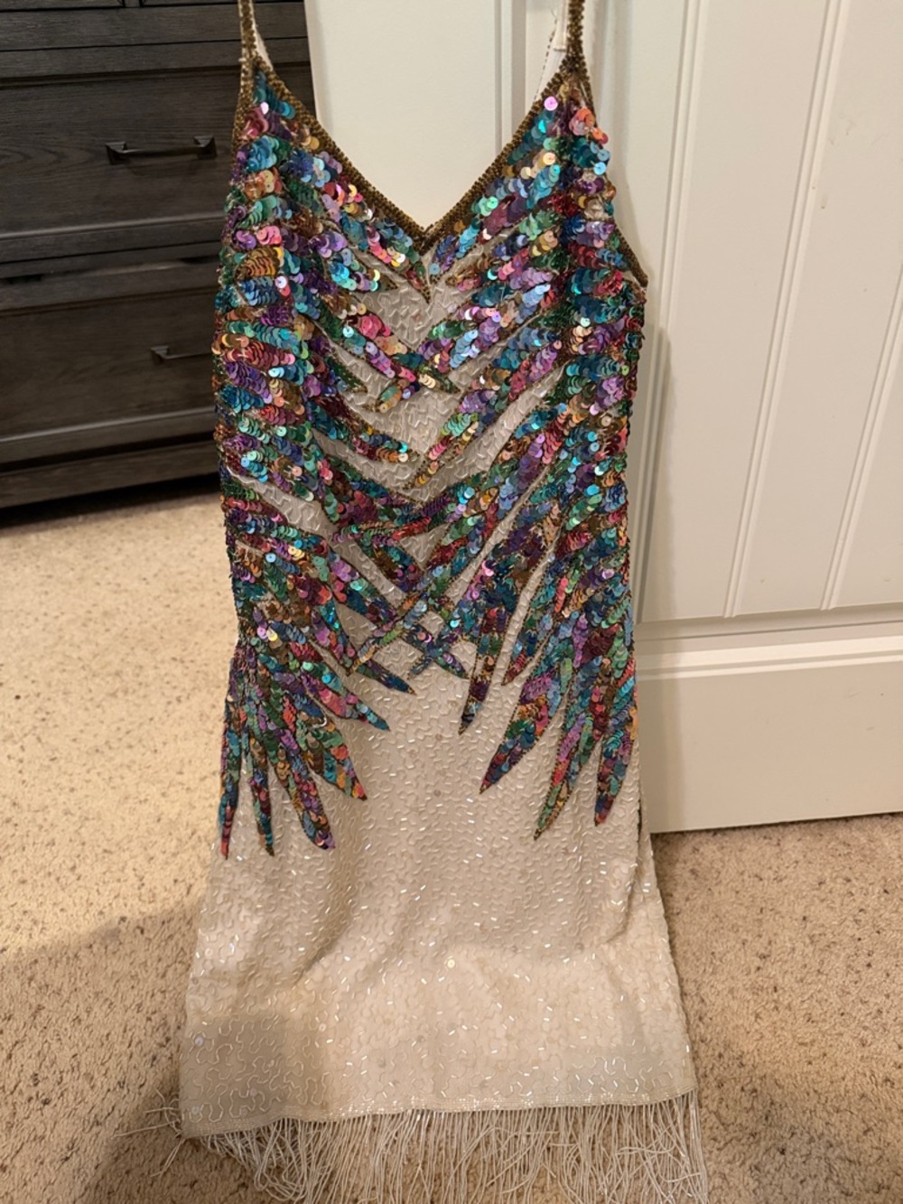 Sequined Fringe Slip Dress - Multicolor on Ivory - Picture 2 of 2
